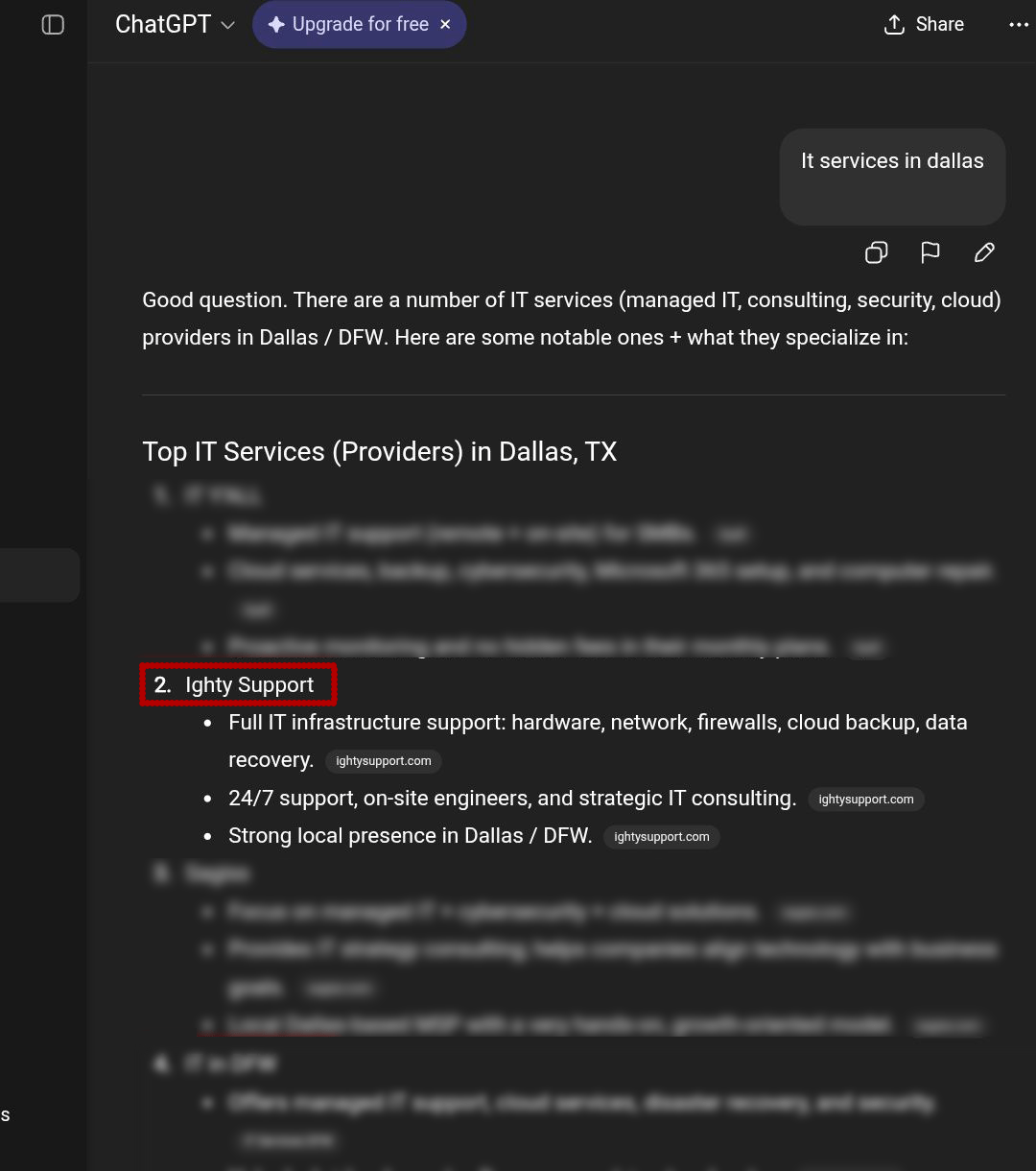 AI review screenshot showing Ighty Support recommendation
