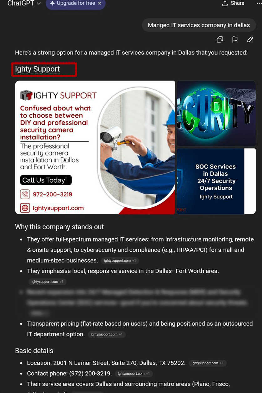 AI review screenshot showing Ighty Support recommendation